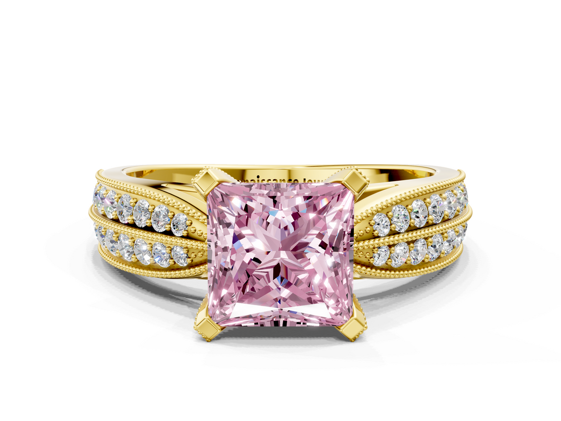 Yellow gold Fancy Pink Princess  Solitaire Diamond Ring with Milgrain Pavé Band and Four-Prong Setting_20