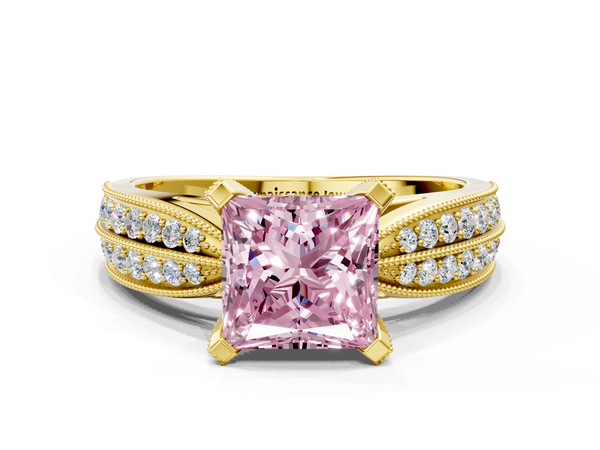 Yellow gold Fancy Pink Princess  Solitaire Diamond Ring with Milgrain Pavé Band and Four-Prong Setting