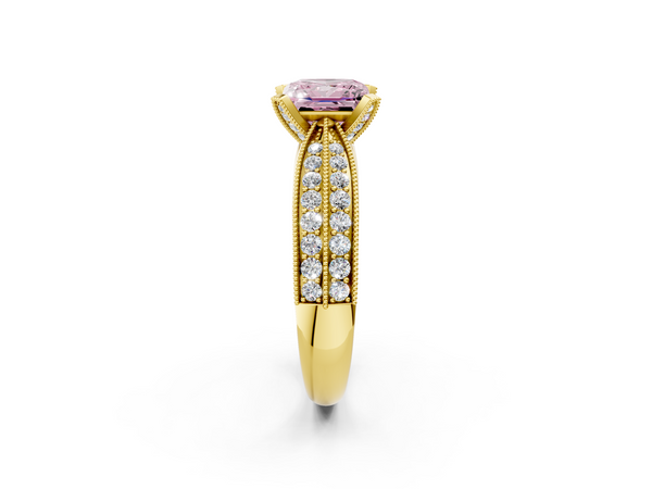 Yellow gold Fancy Pink Princess  Solitaire Diamond Ring with Milgrain Pavé Band and Four-Prong Setting