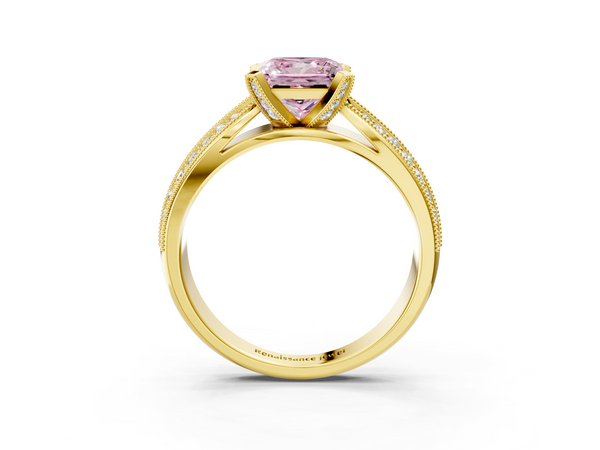 Yellow gold Fancy Pink Princess  Solitaire Diamond Ring with Milgrain Pavé Band and Four-Prong Setting