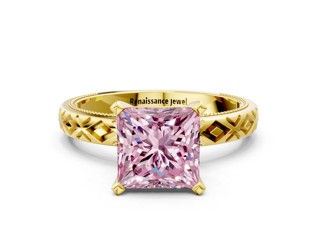 Yellow gold Fancy Pink Princess  Solitaire Diamond Ring with Milgrain and Black Enamel X Pattern Band_51