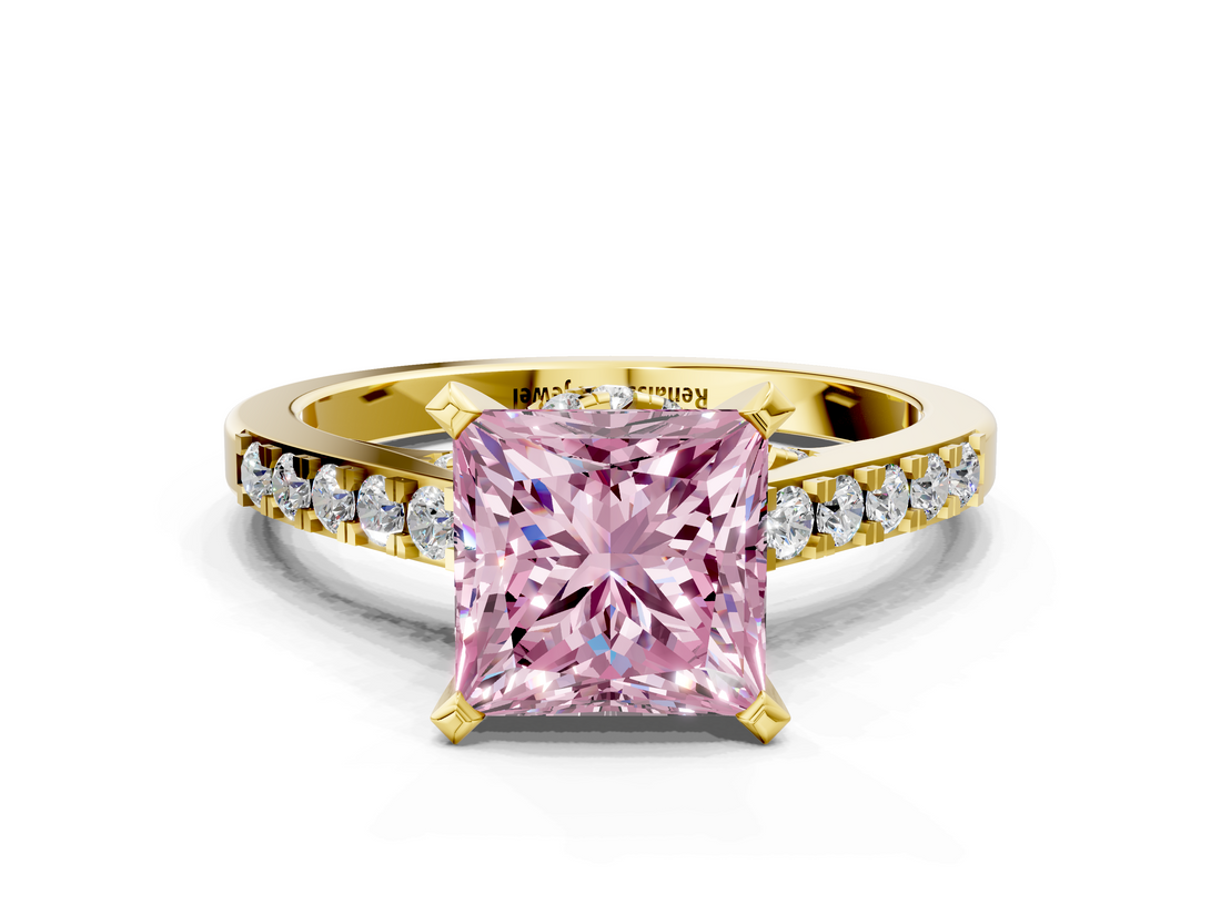 Yellow gold Fancy Pink Princess  Solitaire Diamond Ring with Pavé Band and Four-Prong Setting