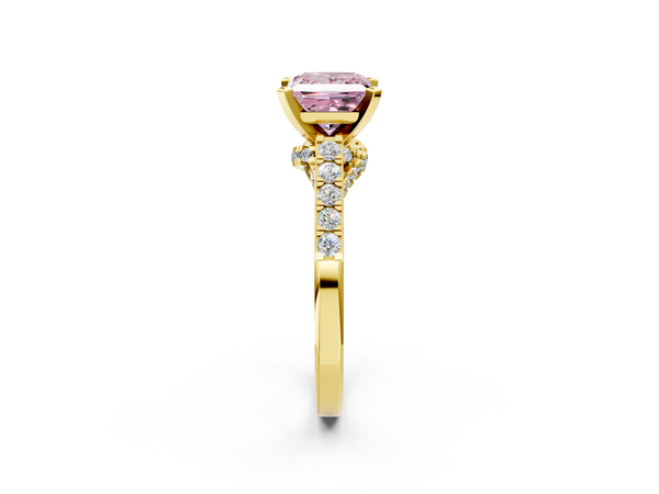 Yellow gold Fancy Pink Princess  Diamond Solitaire Ring with Pavé Band and Prong Setting