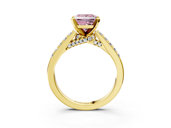 Yellow gold Fancy Pink Princess  Diamond Solitaire Ring with Pavé Band and Prong Setting