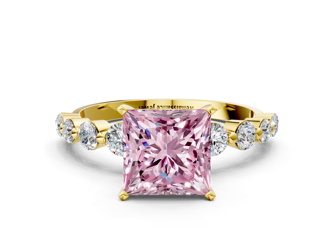 Yellow gold Fancy Pink Princess  Solitaire Diamond Ring with Pave Band and Four-Prong Setting