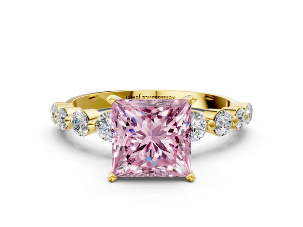 Yellow gold Fancy Pink Princess Cut Solitaire Diamond Ring with Pave Band and Four-Prong Setting