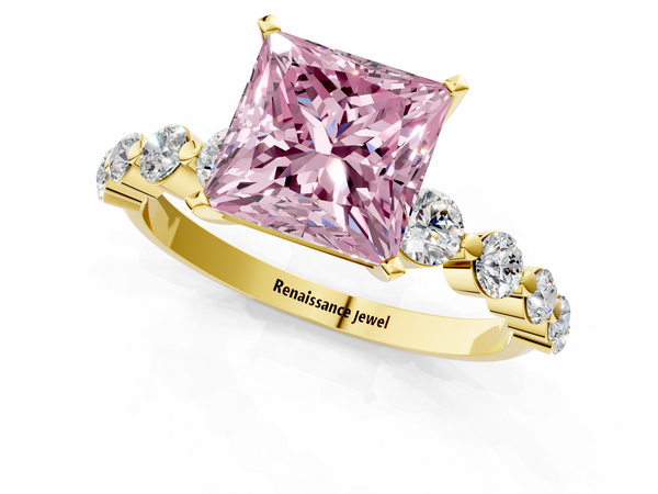 Yellow gold Fancy Pink Princess Cut Solitaire Diamond Ring with Pave Band and Four-Prong Setting