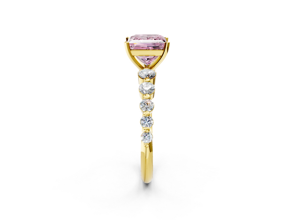 Yellow gold Fancy Pink Princess Cut Solitaire Diamond Ring with Pave Band and Four-Prong Setting