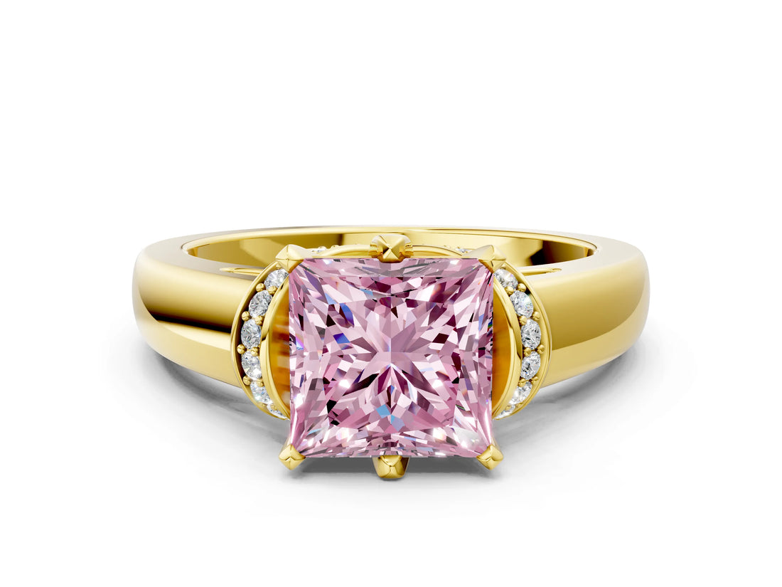 Yellow gold Fancy Pink Princess  Solitaire Diamond Ring with Pave Band and Six-Prong Setting_28