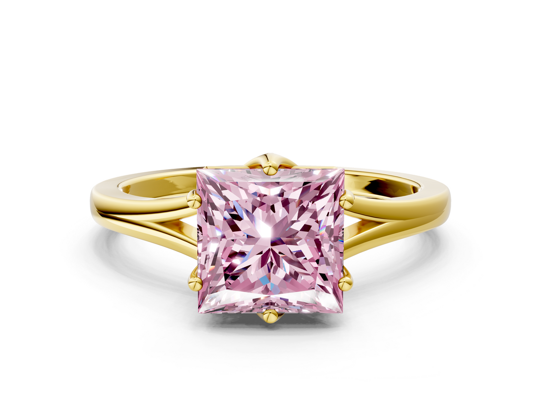 Yellow gold Fancy Pink Princess  Solitaire Diamond Ring with Six-Prong Setting and Tapered Band