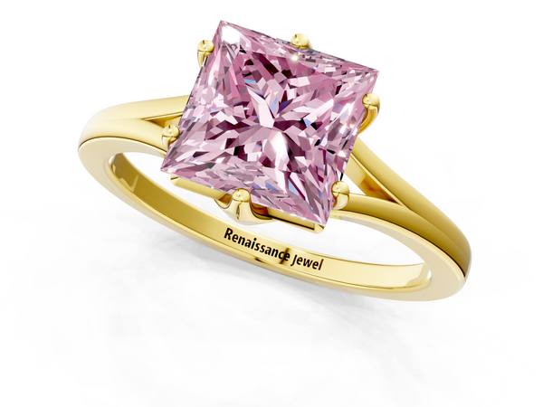 Yellow gold Fancy Pink Princess  Solitaire Diamond Ring with Six-Prong Setting and Tapered Band