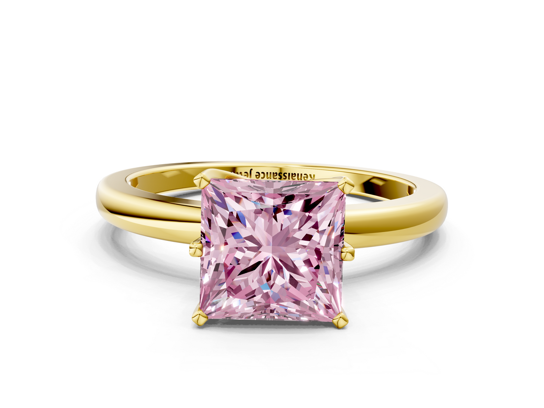 Yellow gold Fancy Pink Princess  Solitaire Diamond Ring with Six-Prong Setting on a Classic Band