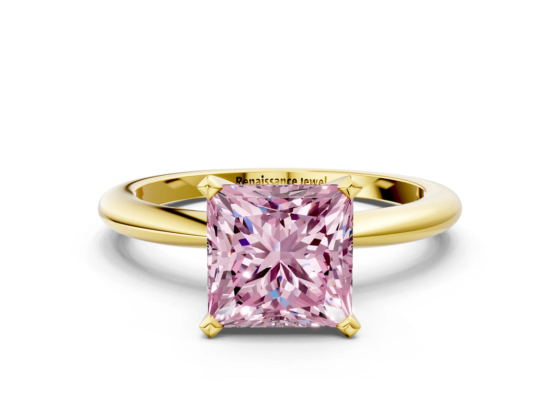 Yellow gold Fancy Pink Princess  Solitaire Diamond Ring with Six-Prong Setting on a Classic Band