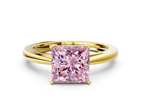 Yellow gold Fancy Pink Princess  Solitaire Diamond Ring with Split Shank and Four-Prong Setting