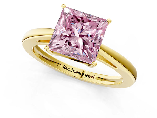 Yellow gold Fancy Pink Princess  Solitaire Diamond Ring with Split Shank and Four-Prong Setting