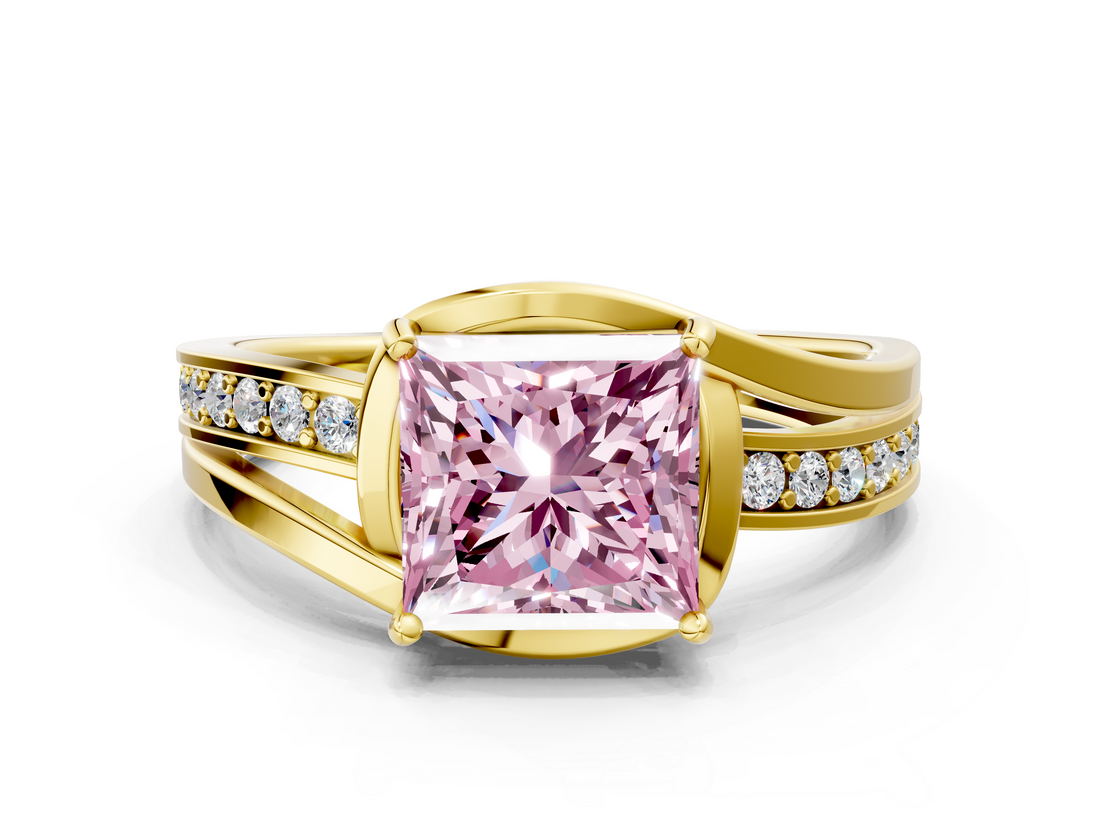 Yellow gold Fancy Pink Princess  Solitaire Diamond Ring with Split Shank and Prong Setting_17