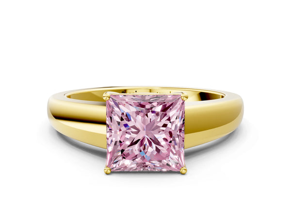 Yellow gold Fancy Pink Princess  Solitaire Diamond Ring with Tapered Band and Four-Prong Setting