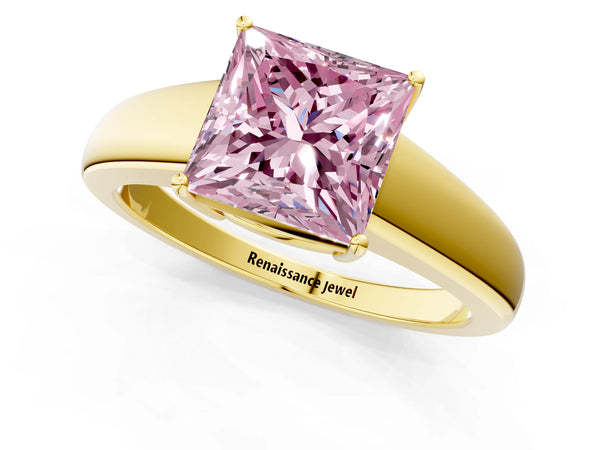 Yellow gold Fancy Pink Princess  Solitaire Diamond Ring with Tapered Band and Four-Prong Setting
