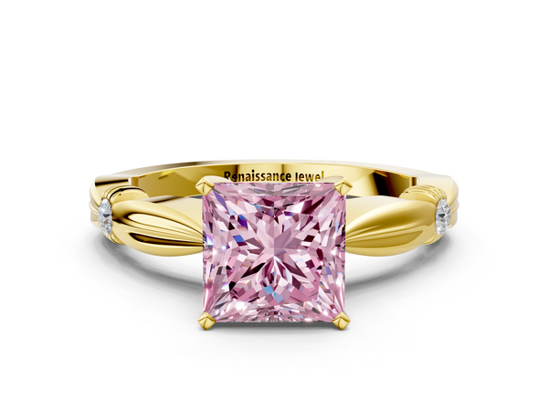 Yellow gold Fancy Pink Princess  Solitaire Diamond Twisted Band with Four-Prong Setting