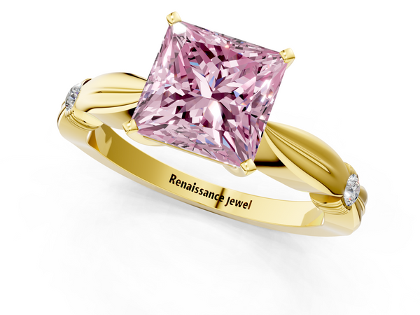 Yellow gold Fancy Pink Princess  Solitaire Diamond Twisted Band with Four-Prong Setting