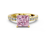 Yellow gold Fancy Pink Princess  Solitaire Diamond with Pavé Band and Four-Prong Setting