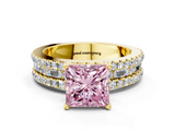 Yellow gold Fancy Pink Princess  Solitaire Diamond with Pave and Channel Set Band