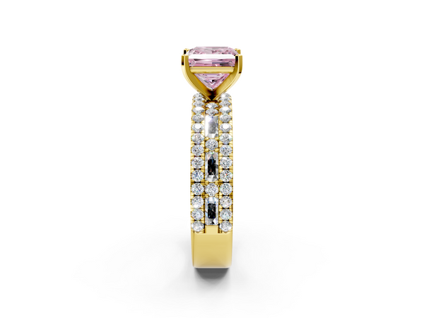 Yellow gold Fancy Pink Princess Cut Diamond Solitaire Ring with Pavé and Channel Set Band