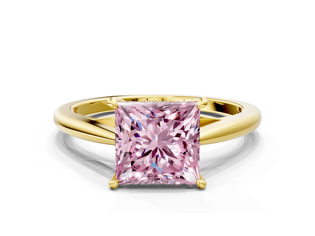 Yellow gold Fancy Pink Princess  Solitaire Engagement Ring with Four-Prong Setting and Classic Band