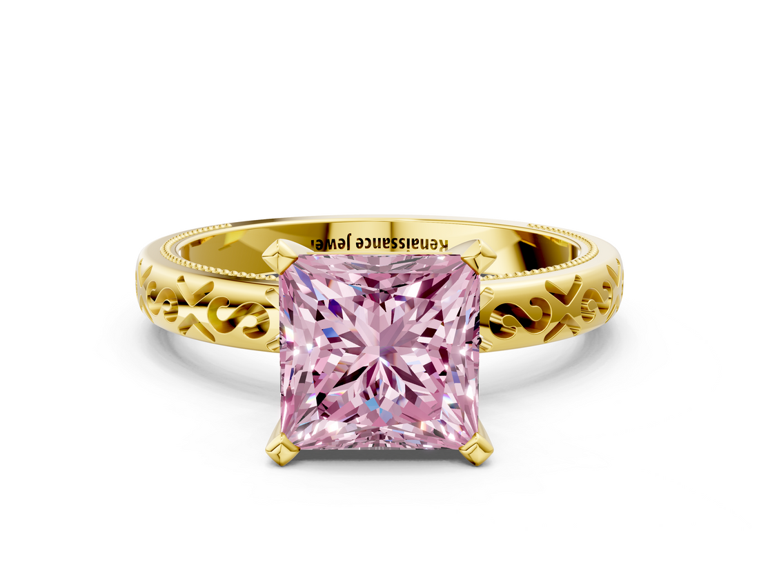 Yellow gold Fancy Pink Princess  Solitaire Engagement Ring with Scrollwork Band and Four-Prong Setting