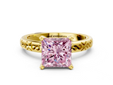 Yellow gold Fancy Pink Princess  Solitaire Engagement Ring with Scrollwork Band and Four-Prong Setting