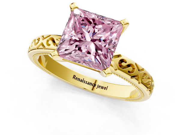 Yellow gold Fancy Pink Princess  Solitaire Engagement Ring with Scrollwork Band and Four-Prong Setting