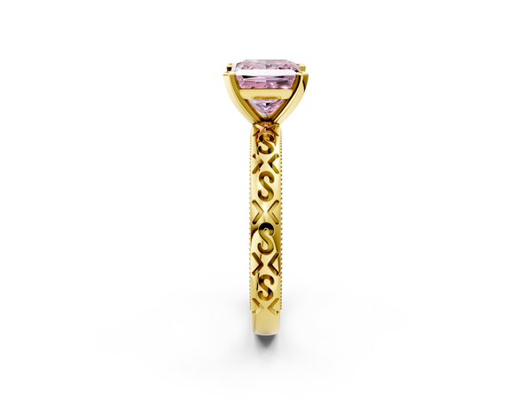 Yellow gold Fancy Pink Princess  Solitaire Engagement Ring with Scrollwork Band and Four-Prong Setting