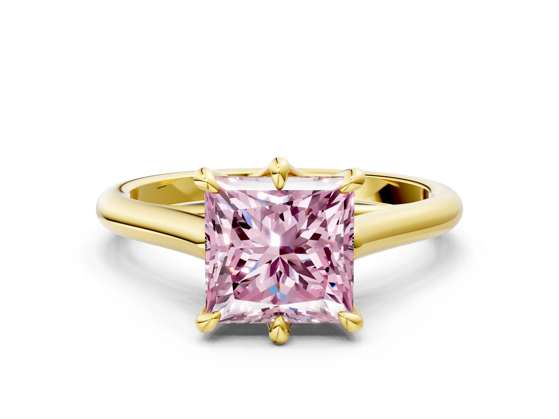 Yellow gold Fancy Pink Princess  Solitaire Engagement Ring with Six-Prong Setting and Classic Band