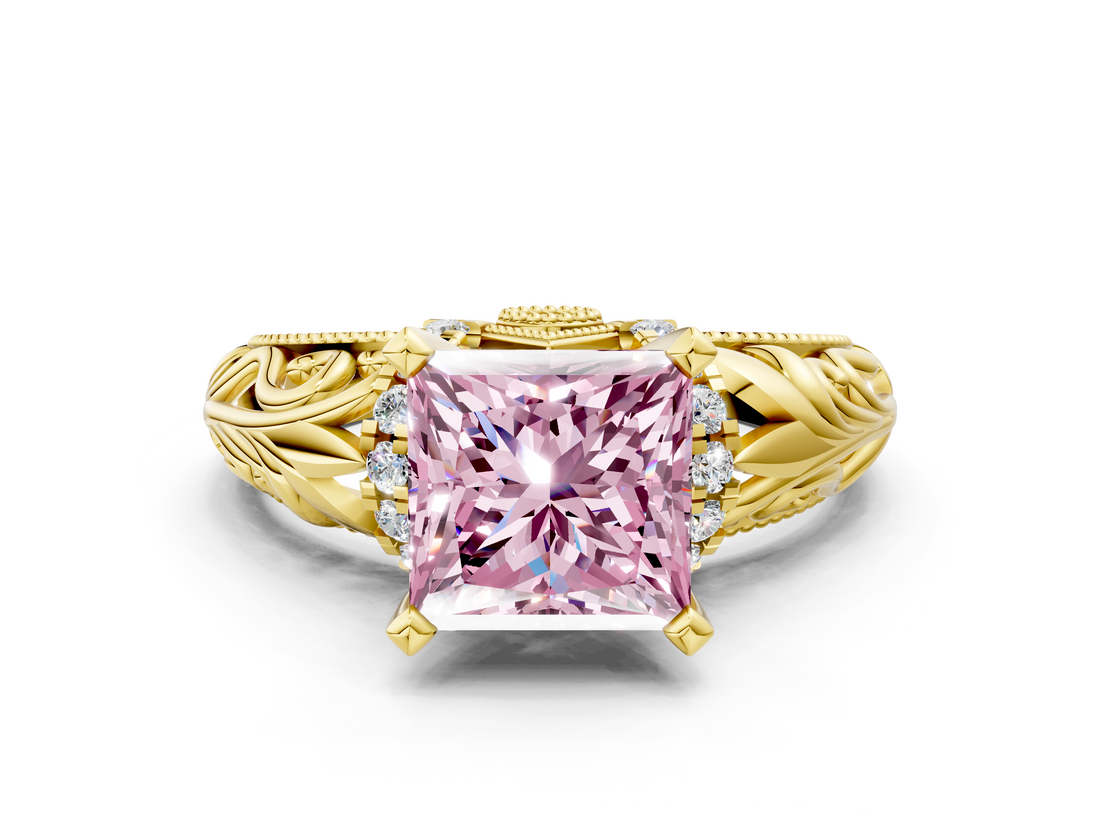 Yellow gold Fancy Pink Princess  Solitaire Filigree Engagement Ring with Halo and Prong Setting