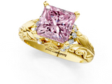 Yellow gold Fancy Pink Princess  Solitaire Filigree Engagement Ring with Halo and Prong Setting_1
