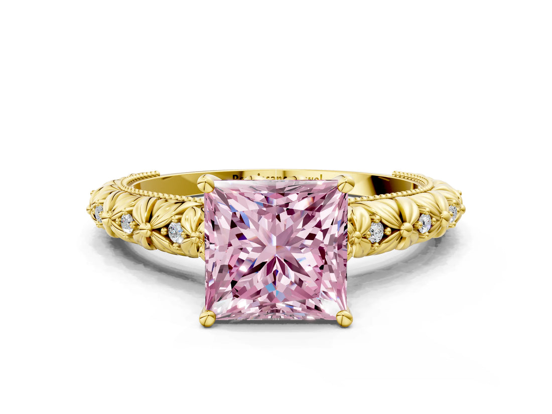 Yellow gold Fancy Pink Princess  Solitaire Floral Milgrain Engagement Ring_31