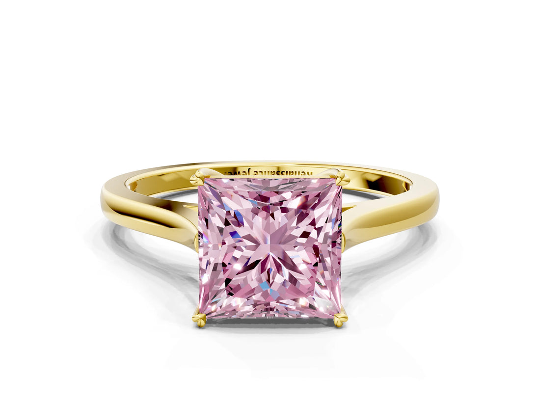 Yellow gold Fancy Pink Princess  Solitaire Heart Prong Engagement Ring with Tapered Band_56