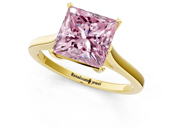 Yellow gold Fancy Pink Princess  Solitaire Heart Prong Engagement Ring with Tapered Band