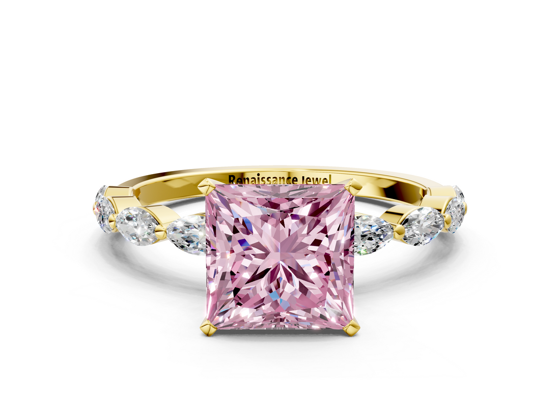 Yellow gold Fancy Pink Princess  Solitaire Marquise Side Stone Prong Setting Ring