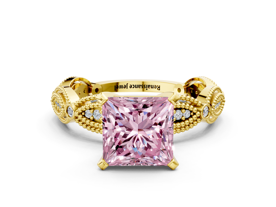 Yellow gold Fancy Pink Princess  Solitaire Milgrain Diamond Engagement Ring with Bezel and Marquise Band
