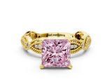 Yellow gold Fancy Pink Princess  Solitaire Milgrain Diamond Engagement Ring with Bezel and Marquise Band