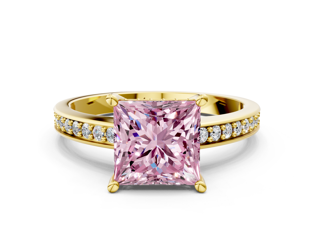 Yellow gold Fancy Pink Princess  Solitaire Pavé Band Prong Setting Ring