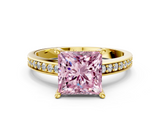 Yellow gold Fancy Pink Princess  Solitaire Pavé Band Prong Setting Ring