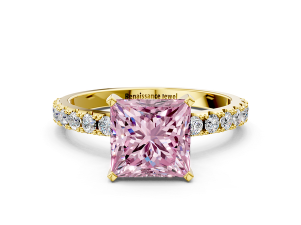 Yellow gold Fancy Pink Princess Cut Diamond Solitaire Pavé Band with Four-Prong Setting