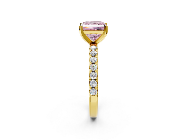 Yellow gold Fancy Pink Princess Cut Diamond Solitaire Pavé Band with Four-Prong Setting
