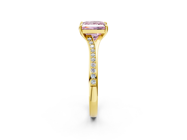 Yellow gold Fancy Pink Princess Cut Diamond Solitaire Ring with Pavé Band and Prong Setting