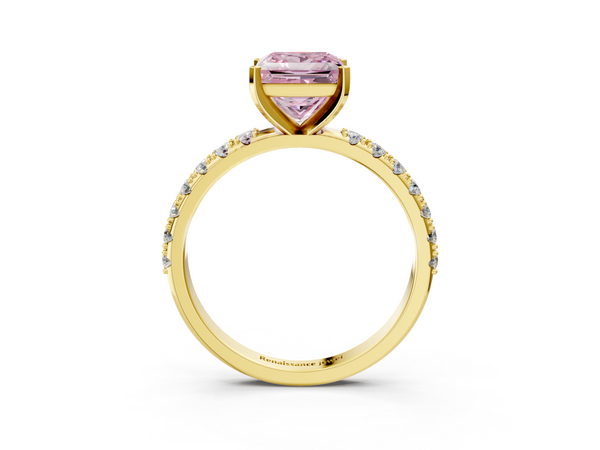 Yellow gold Fancy Pink Princess Cut Diamond Solitaire Pavé Band with Four-Prong Setting