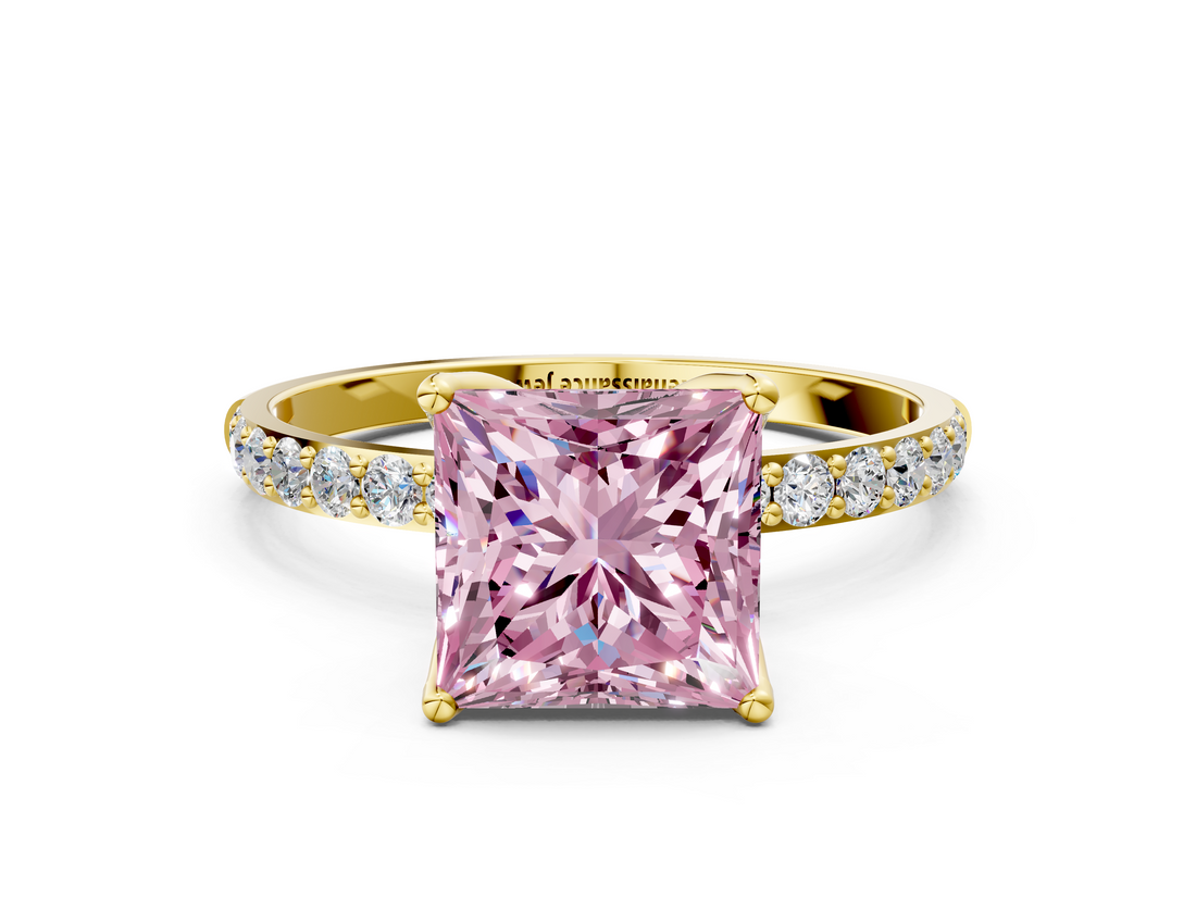 Yellow gold Fancy Pink Princess  Solitaire Pavé Diamond Engagement Ring with Four-Prong Setting