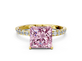 Yellow gold Fancy Pink Princess  Solitaire Pavé Diamond Engagement Ring with Four-Prong Setting