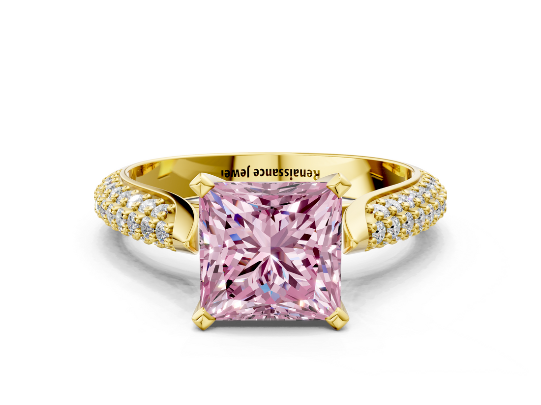 Yellow gold Fancy Pink Princess  Solitaire Pavé Diamond Engagement Ring with Four-Prong Setting